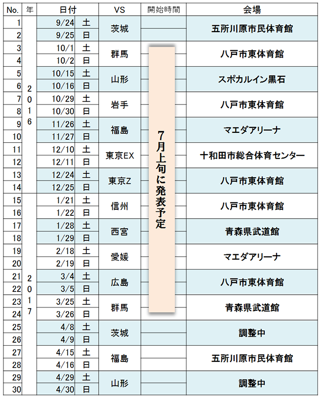 2016-2017シーズン　ホームゲームスケジュール
